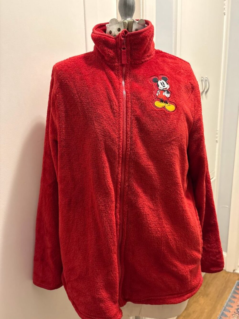 Disney Red High Pile Fleece Full Zip Jacket Mickey Mouse Patch